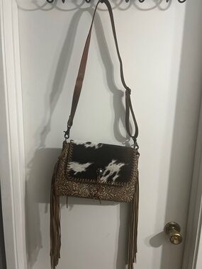 Fringed Leather Crossbody Bag with Black & White Haircalf Flap